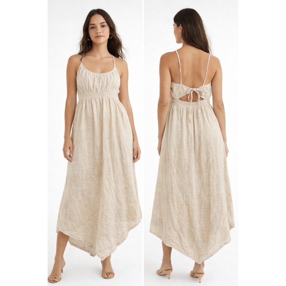 American Eagle Linen Blend Handkerchief Hem Midi Dress Beige Tan Womens Medium